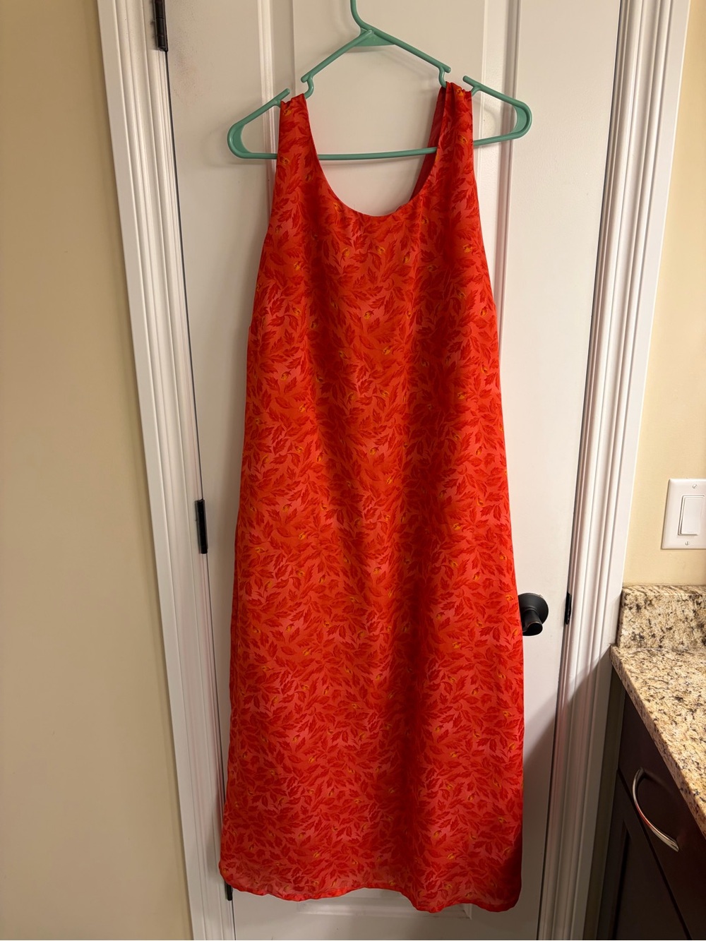 Sleeveless Orange Leaf-Print A-Line Dress